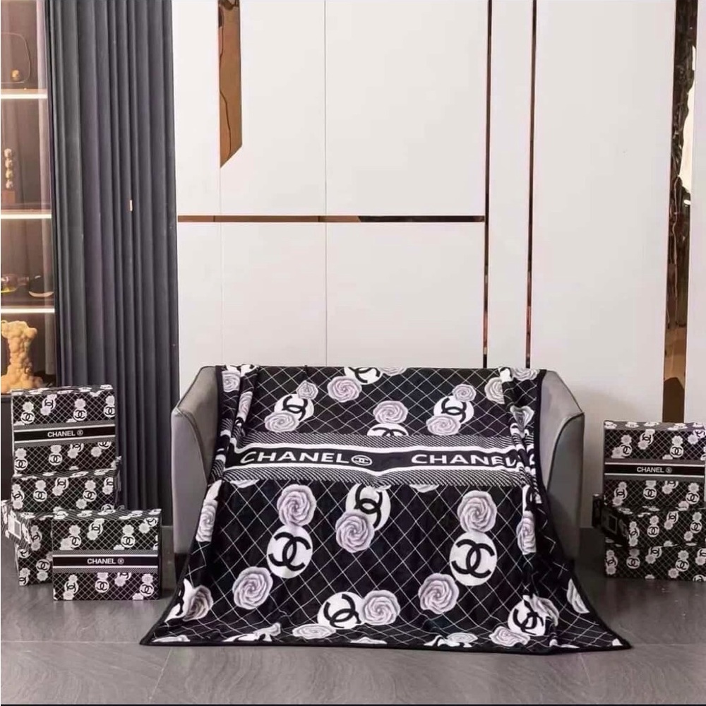 CHANEL Black and White Floral Throw Blanket